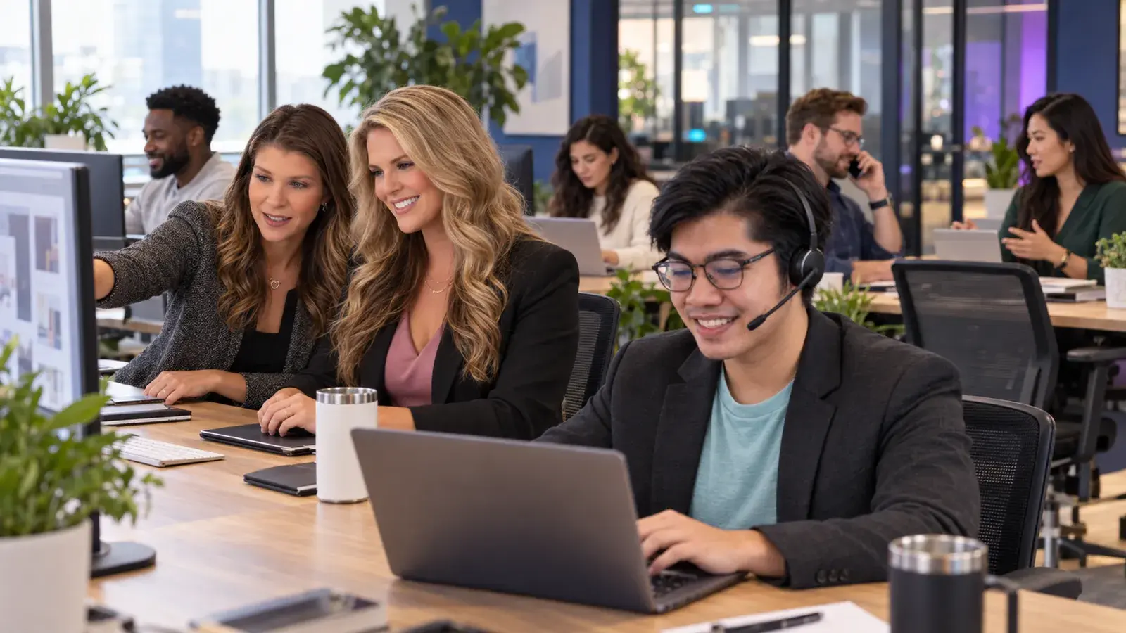 A team working at their desks in a bright open-plan office