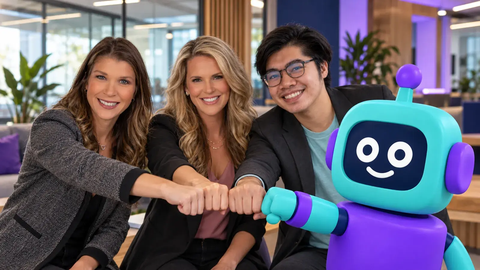 Team members bumping fists with the Accelety bot