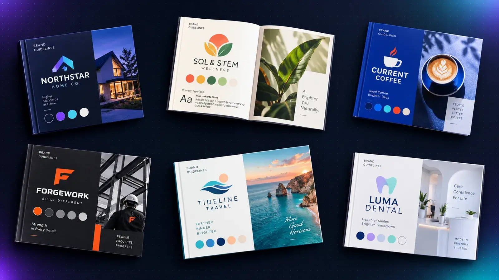 Brand identity work laid out on a desk